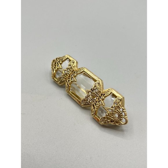 Vintage Intricate Gold Filigree Bar Pin Clear Acrylic Stones Classic Jewelry - Picture 3 of 8